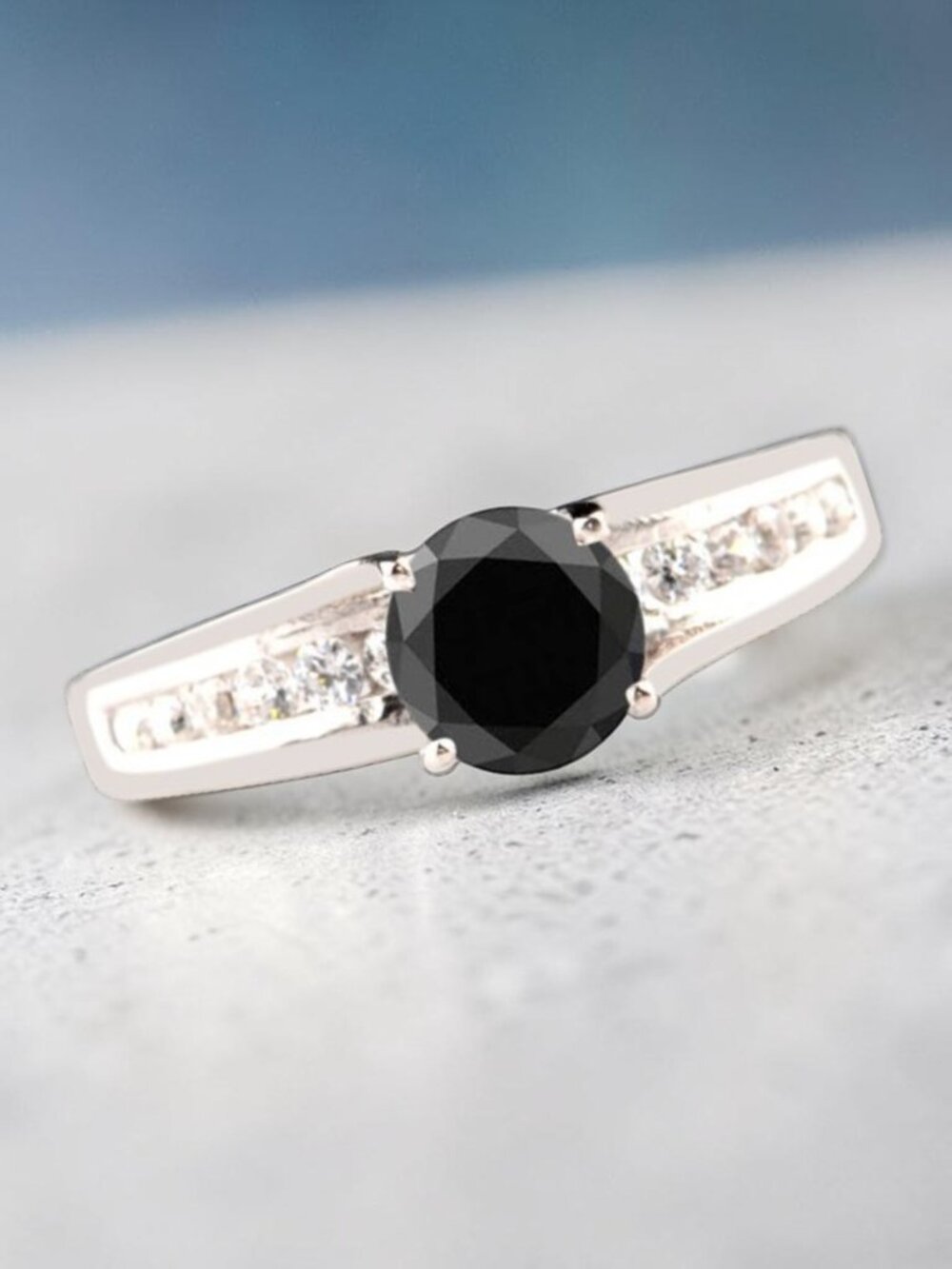 925 Silver 3.35 Carat Round Shape Natural Earthmined Jet Black Diamond Ring Sz 7